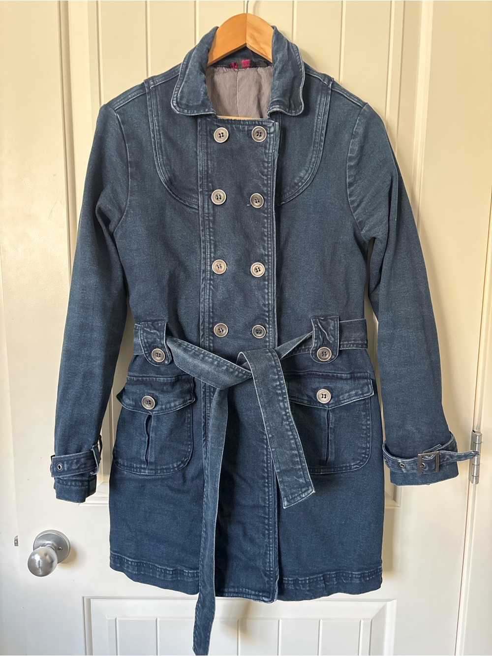OVS Young Denim Trench Coat Belted Size M Blue Double Breasted Vintage Y2K